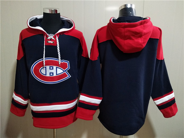 Men's Montreal Canadiens Blank Navy/Red Lace-Up Pullover Hoodie - Click Image to Close